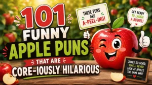 Funny apple puns illustration with smiling cartoon apple and colorful orchard background