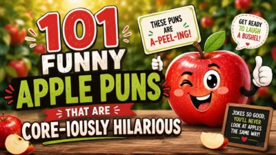 Funny apple puns illustration with smiling cartoon apple and colorful orchard background