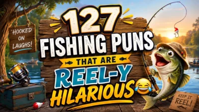 Cartoon fishing pun illustration with a smiling fish, fishing rod, and lake promoting 127 funny fishing puns.