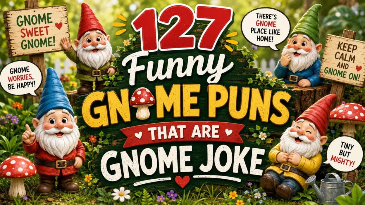 Colorful garden gnome puns banner with funny gnomes, mushrooms, flowers, and playful gnome jokes