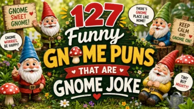 Colorful garden gnome puns banner with funny gnomes, mushrooms, flowers, and playful gnome jokes