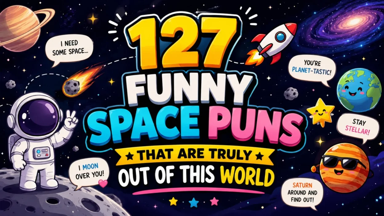 Colorful cartoon space puns poster with astronaut, planets, rocket, and funny out-of-this-world jokes