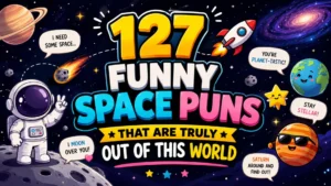 Colorful cartoon space puns poster with astronaut, planets, rocket, and funny out-of-this-world jokes