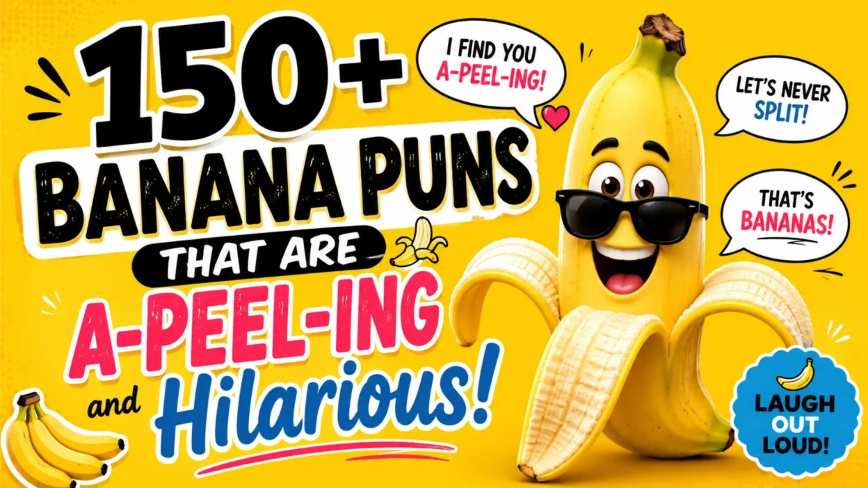 Colorful banana puns featured image with a smiling cartoon banana and funny speech bubbles for humorous captions and jokes