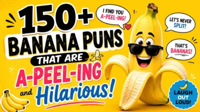 Colorful banana puns featured image with a smiling cartoon banana and funny speech bubbles for humorous captions and jokes