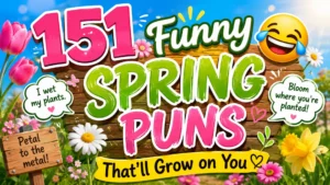 Colorful spring puns poster with flowers, emojis, and playful typography featuring 151 funny spring jokes.