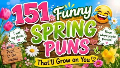 Colorful spring puns poster with flowers, emojis, and playful typography featuring 151 funny spring jokes.