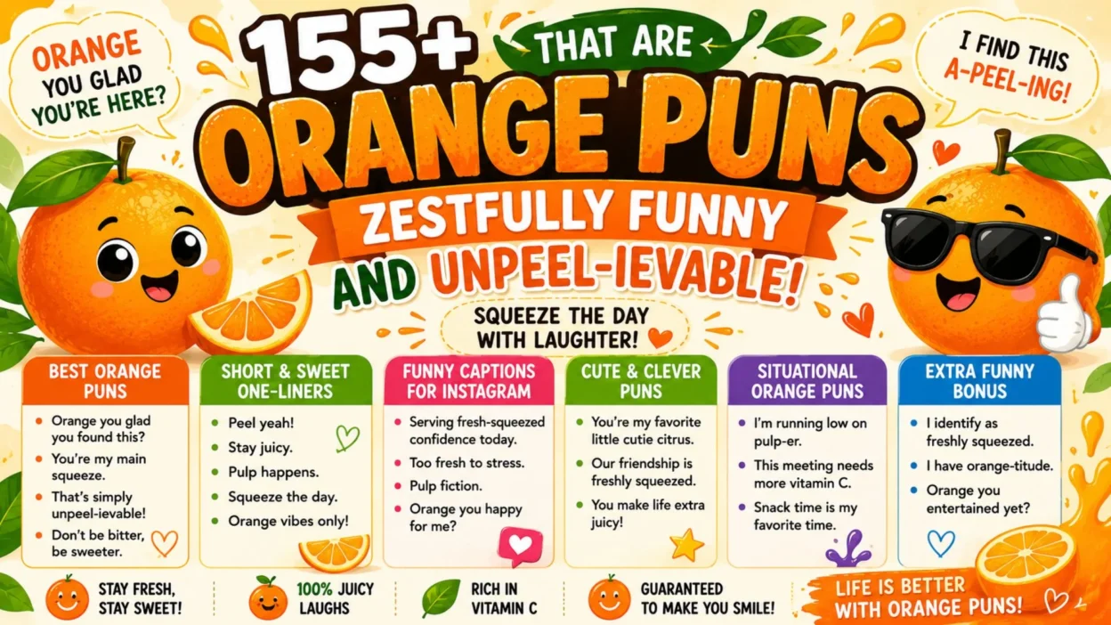 Colorful infographic featuring funny orange puns, citrus jokes, captions, and cute orange characters for social media humor
