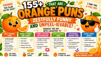 Colorful infographic featuring funny orange puns, citrus jokes, captions, and cute orange characters for social media humor