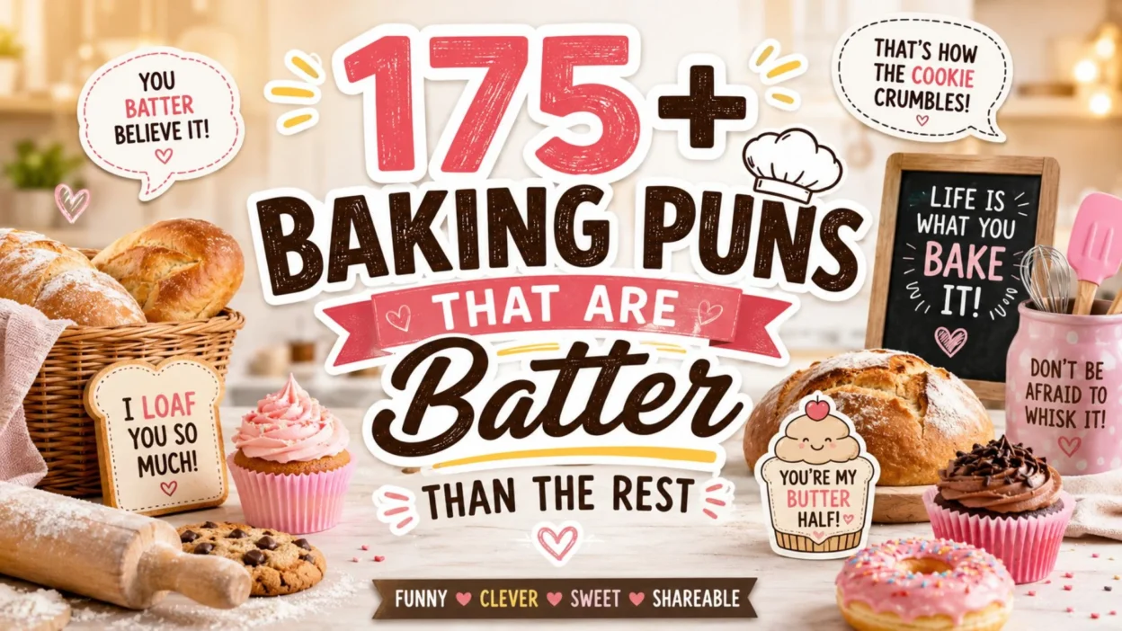 Colorful bakery-themed featured image with bread, cupcakes, and funny baking puns for a baking humor article
