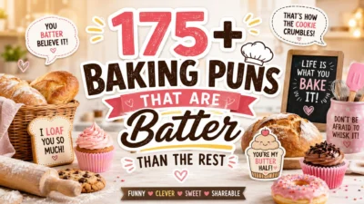 Colorful bakery-themed featured image with bread, cupcakes, and funny baking puns for a baking humor article