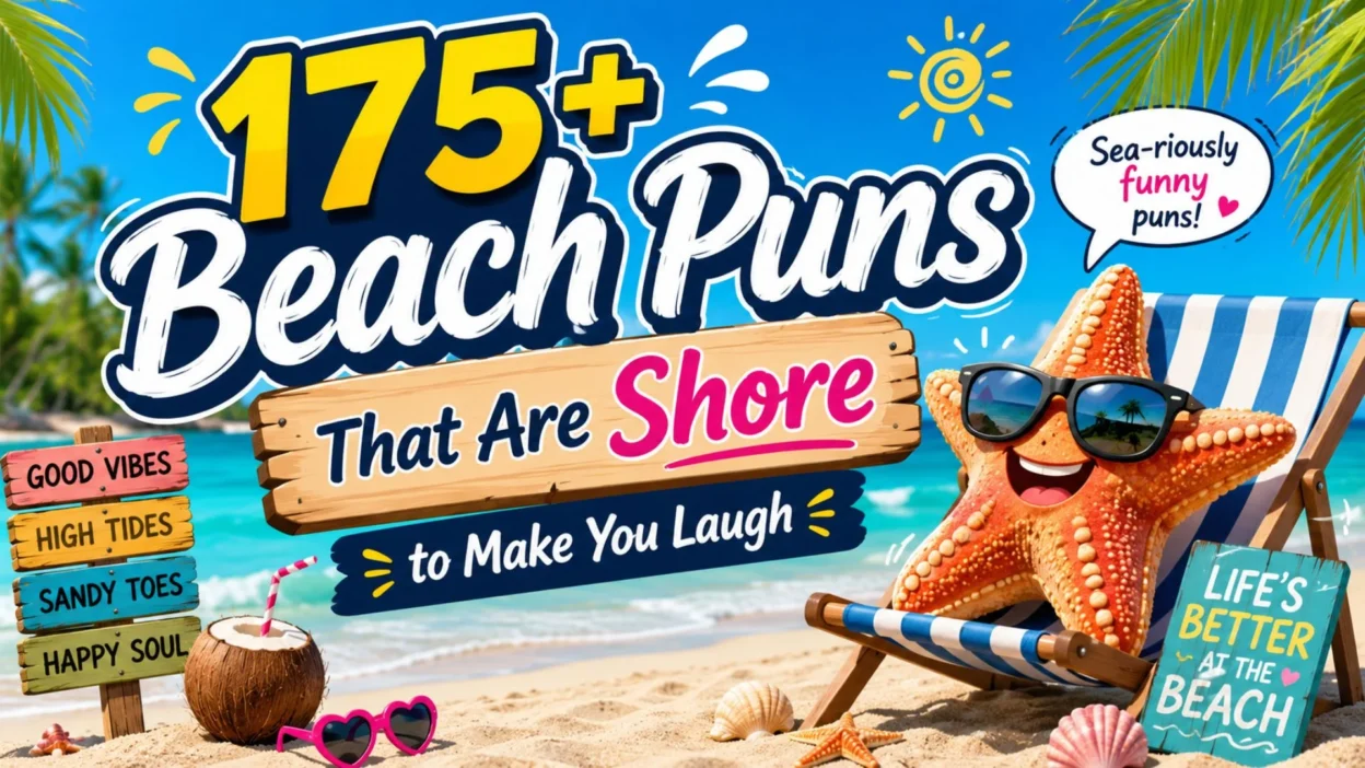 Colorful beach puns illustration with a smiling starfish, ocean backdrop, and funny summer wordplay signs