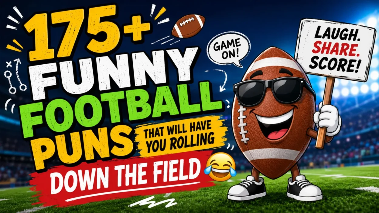 Colorful football puns illustration with a smiling football mascot in a stadium promoting 175+ funny football jokes