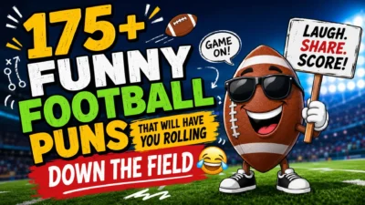 Colorful football puns illustration with a smiling football mascot in a stadium promoting 175+ funny football jokes