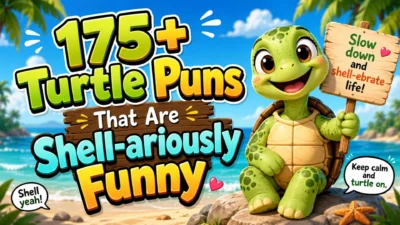 175+ turtle puns with a smiling cartoon turtle on a sunny beach featuring funny shell-themed jokes and playful captions