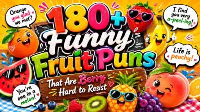 Colorful funny fruit puns illustration with cartoon fruits and playful captions for a fruit puns article