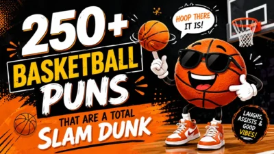 Funny basketball puns featured image with a cartoon basketball character, hoop, and bold text for a humor article