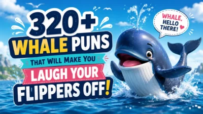 Cute blue whale cartoon with ocean splash and 320+ whale puns text for a fun whale jokes and puns collection