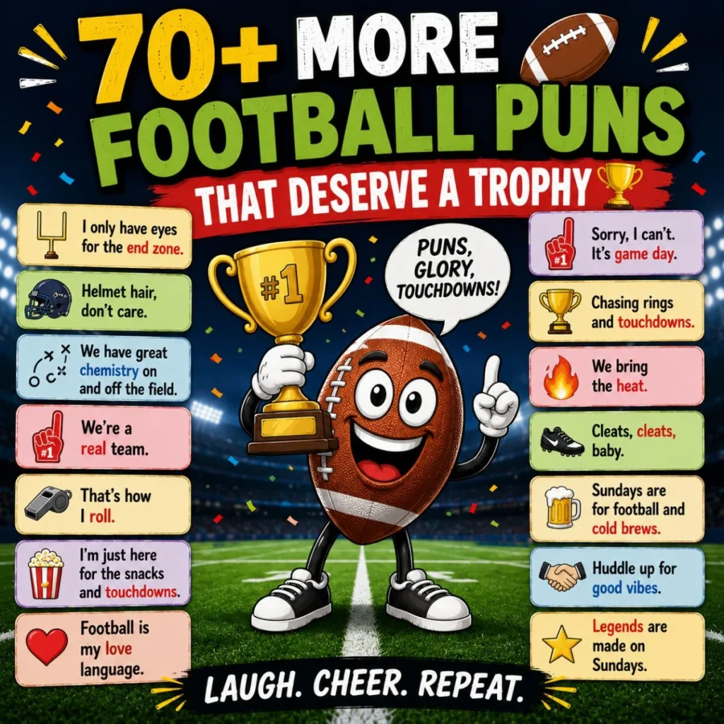 70+ funny football puns image with a trophy-holding football mascot and colorful game-day jokes