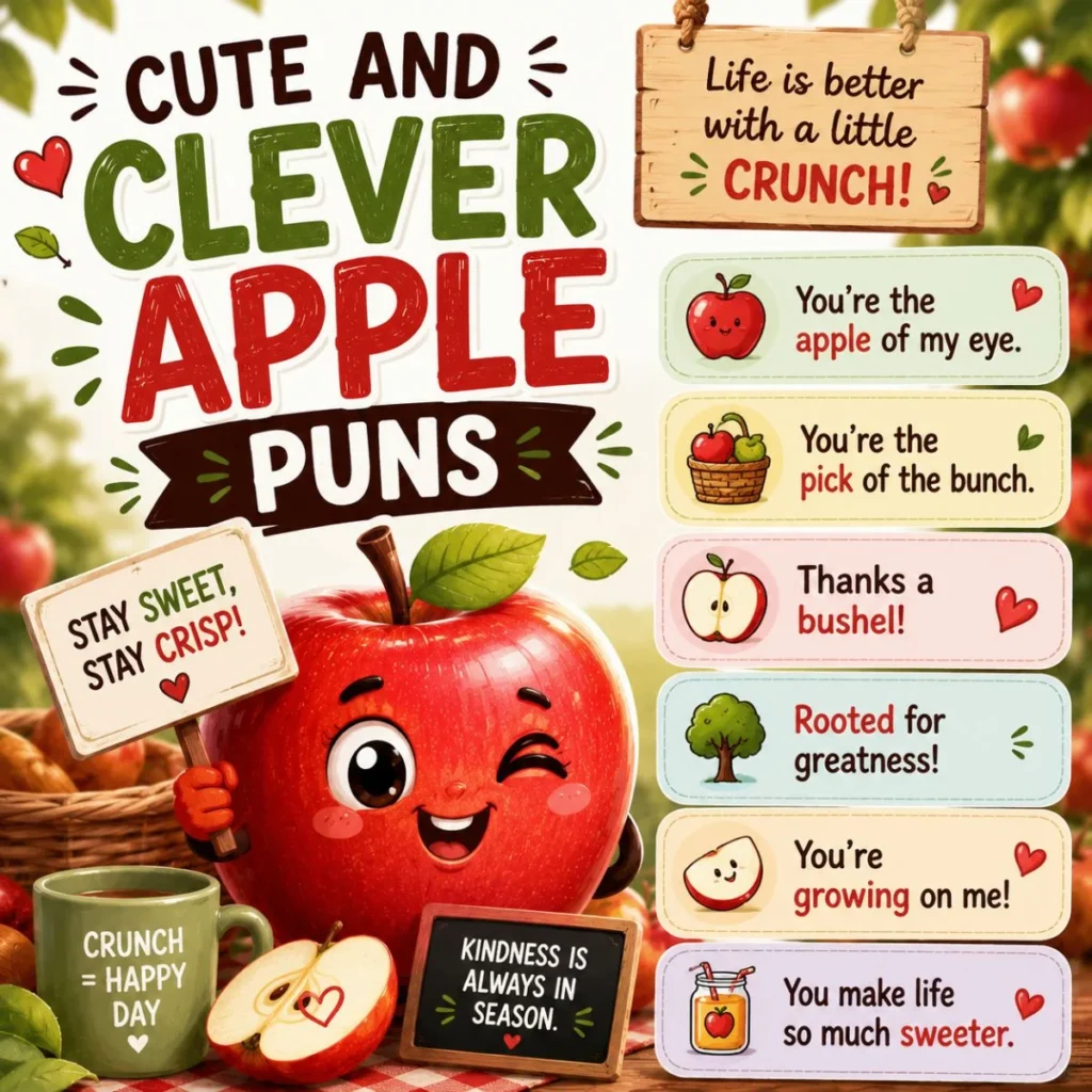 Cute and clever apple puns graphic with smiling cartoon apple and sweet apple-themed quotes