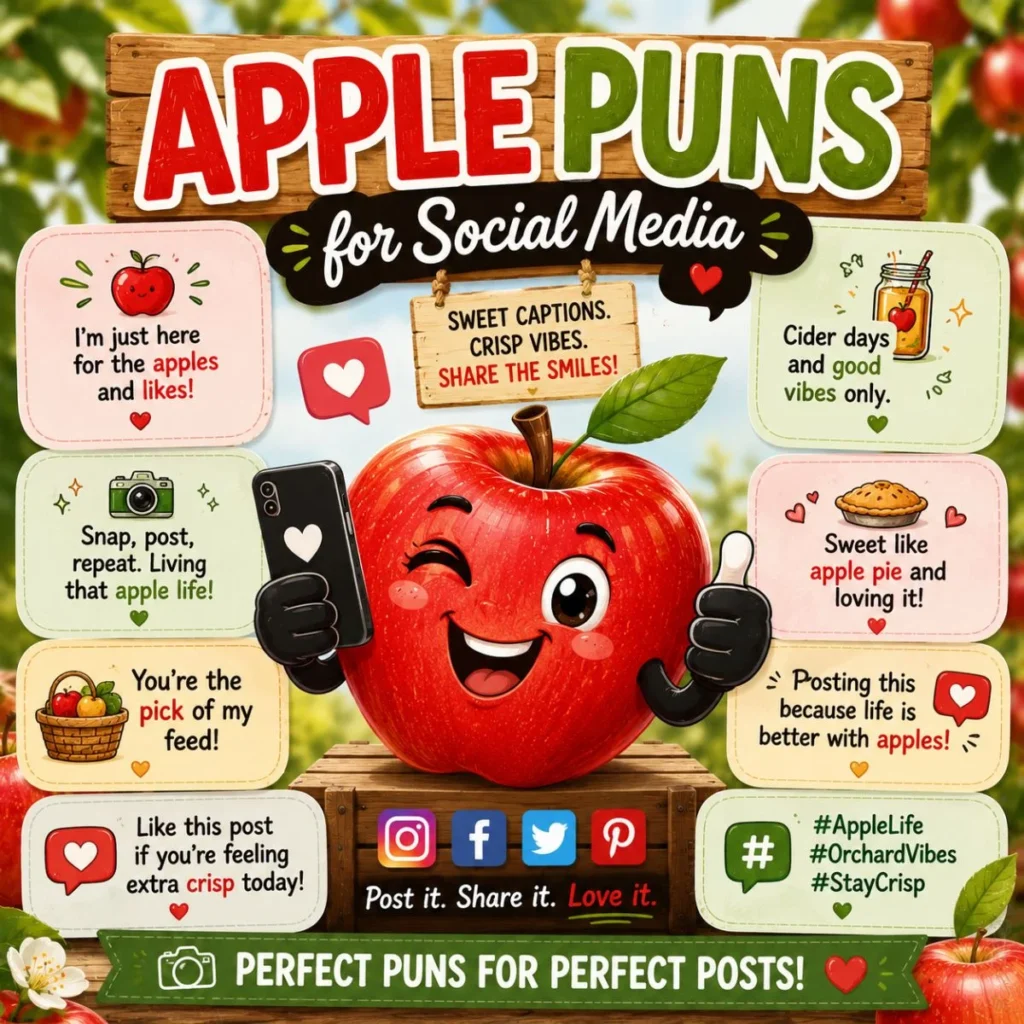 Apple puns for social media graphic with cartoon apple, social icons, and funny caption ideas