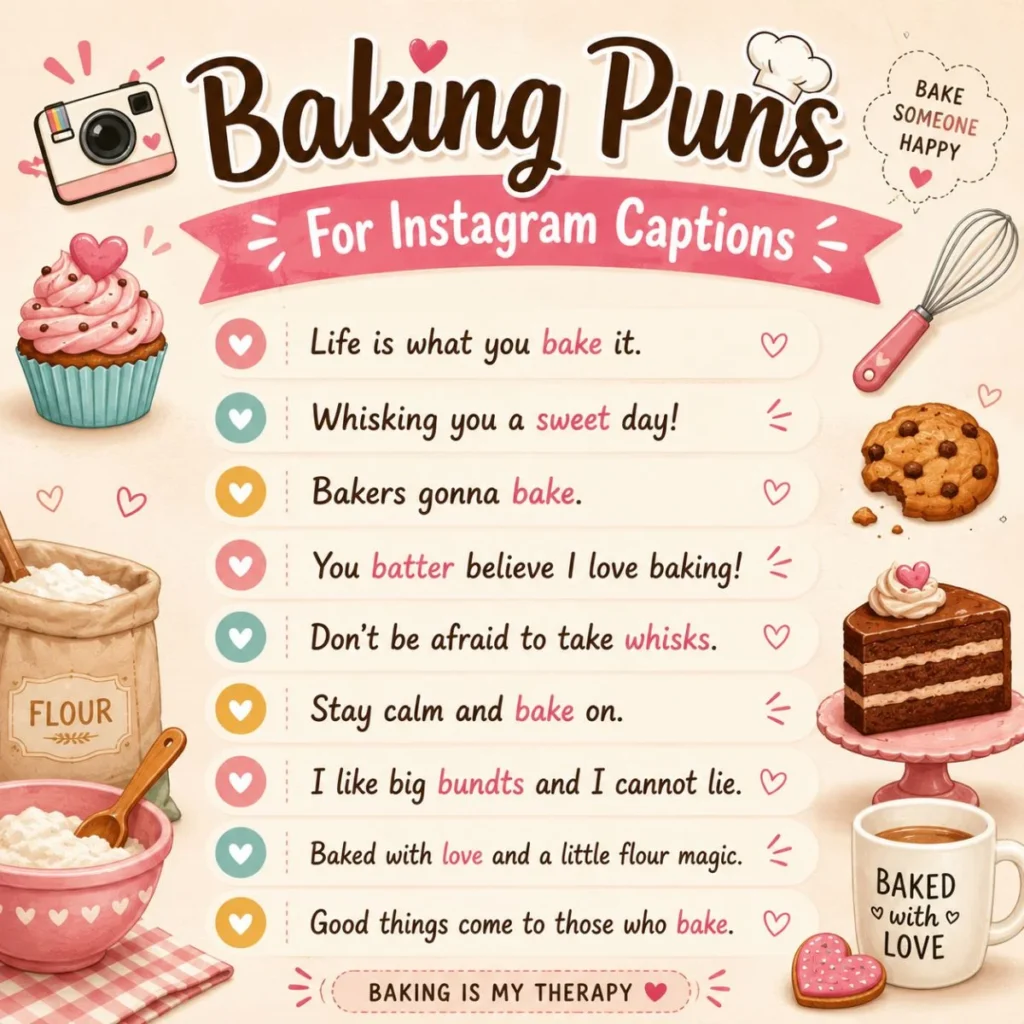 Cute baking puns for Instagram captions infographic with cupcakes, cookies, cake, flour, and baking tools.