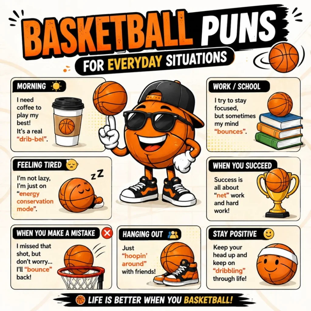 Funny basketball puns for everyday situations with cartoon basketball character, humorous quotes, and colorful sports illustrations