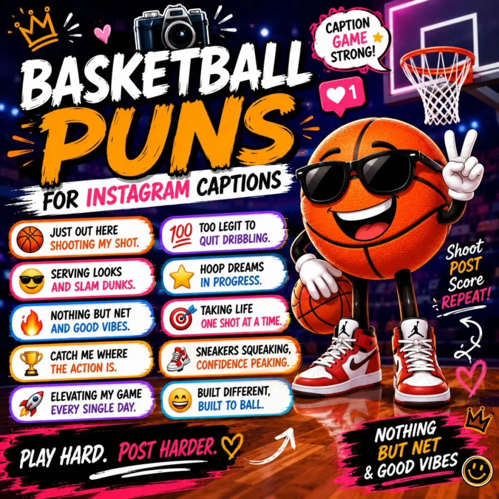 Basketball puns for Instagram captions with cartoon basketball character and funny social media caption ideas