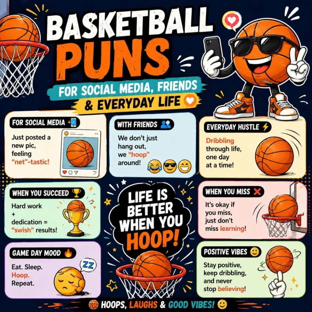 Funny basketball puns for social media, friends, and everyday life with cartoon basketball illustrations and humorous quotes