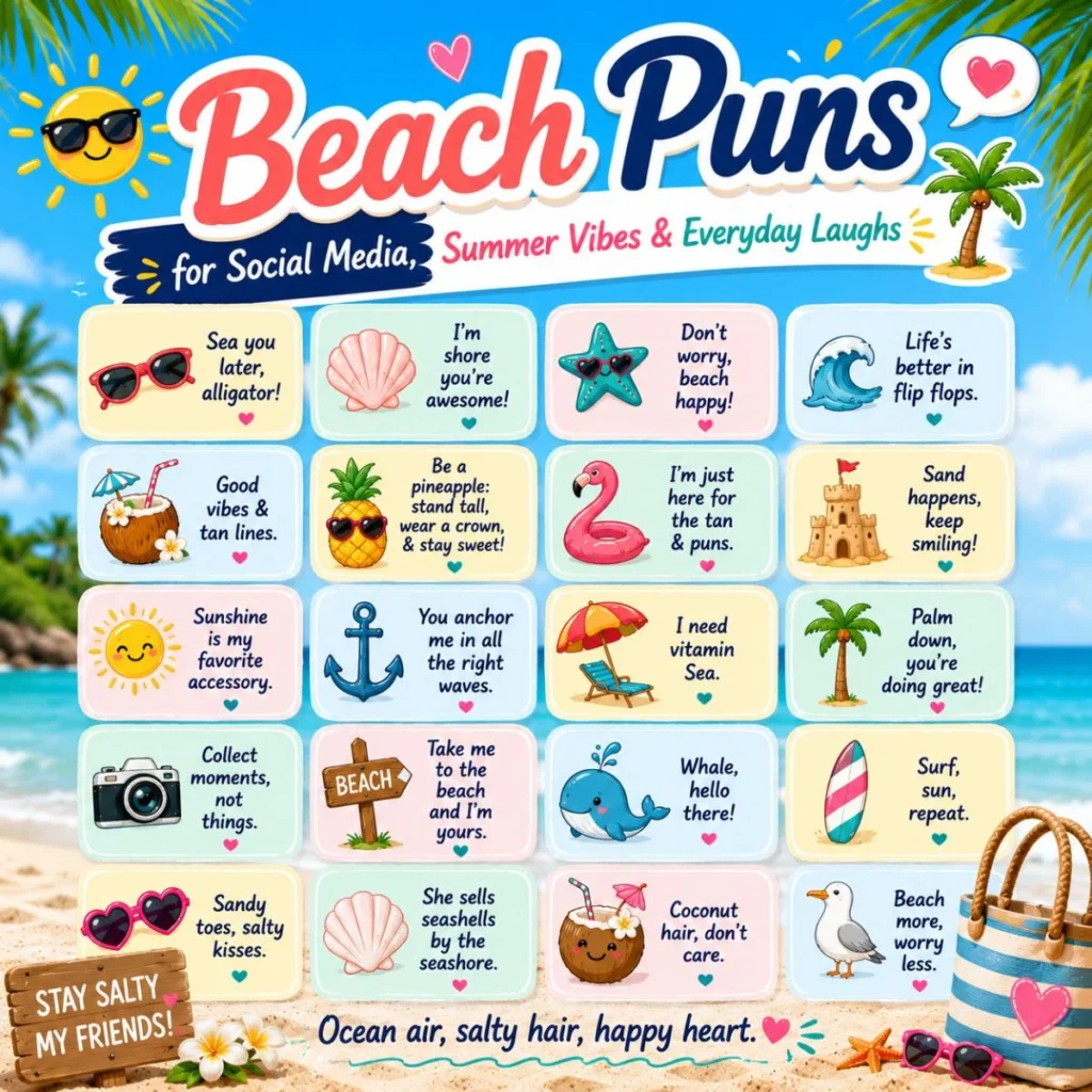 Beach puns for social media infographic with colorful summer quotes, tropical icons, and cheerful beach vibes