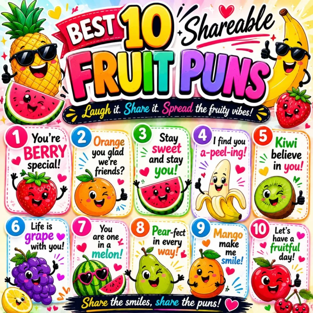Best 10 shareable fruit puns infographic with cute cartoon fruits and funny social media wordplay