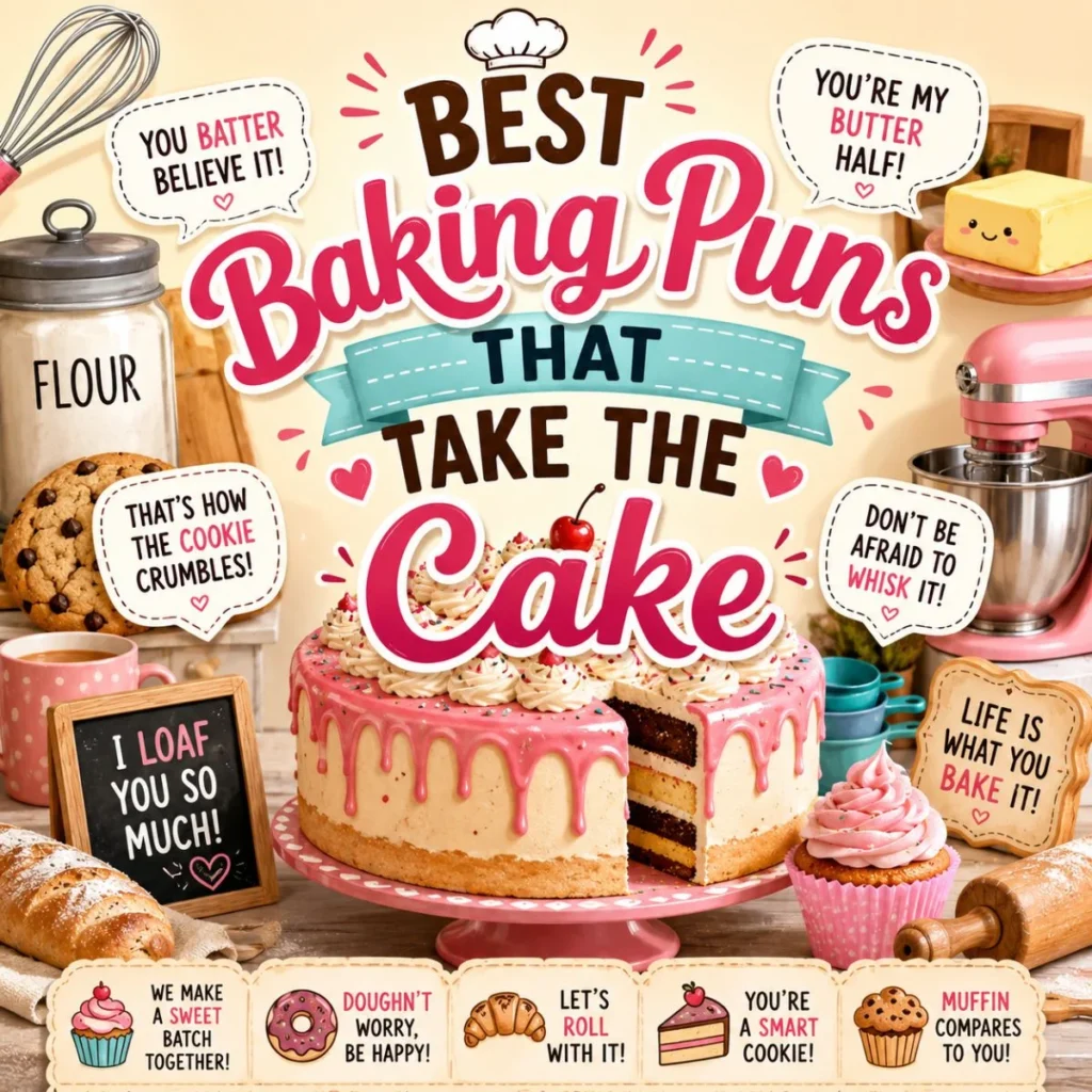 Colorful baking puns image with a cake, cupcakes, cookies, and funny bakery quotes for a baking humor article