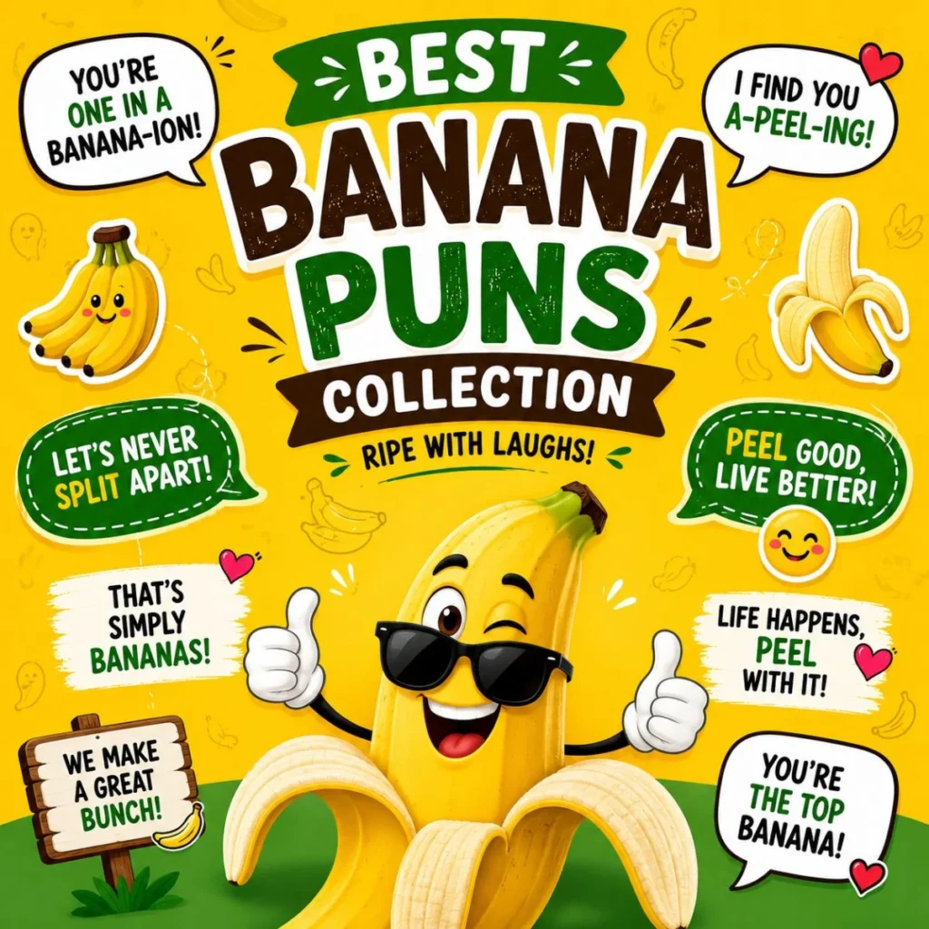 Colorful best banana puns collection image with a smiling cartoon banana and funny wordplay quotes