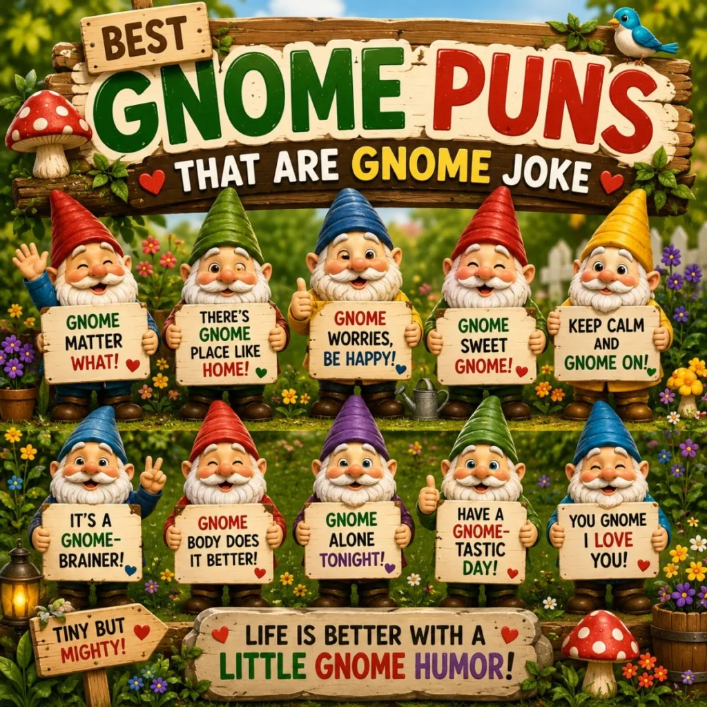 Best gnome puns poster with colorful garden gnomes, funny signs, flowers, and whimsical gnome jokes