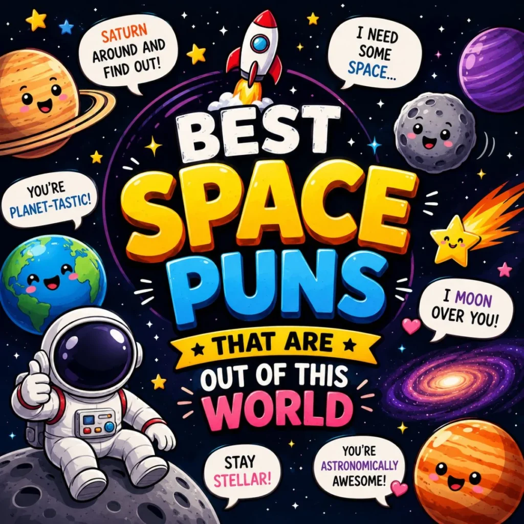Colorful Best Space Puns poster with astronaut, planets, rocket, and funny out-of-this-world space jokes