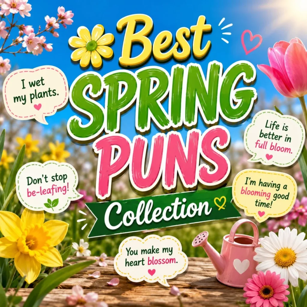 Colorful Best Spring Puns Collection graphic with flowers, spring quotes, and playful typography.