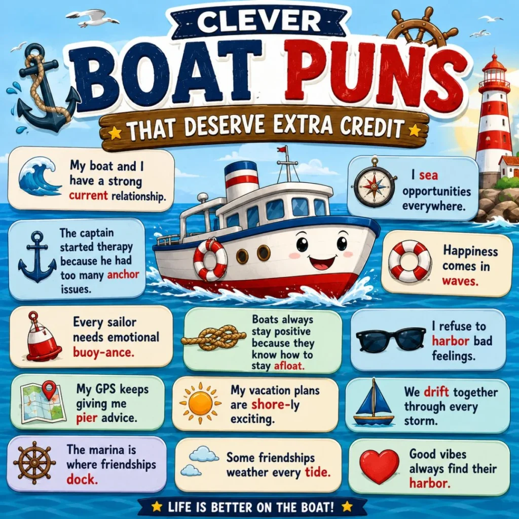 Clever boat puns poster with a smiling cartoon boat, ocean scene, and witty nautical wordplay for boating humor lovers.