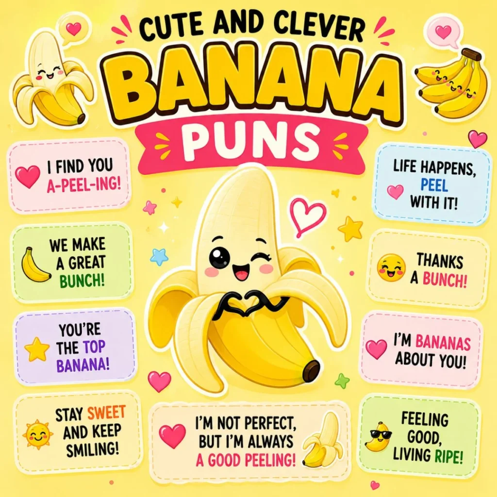 Cute and clever banana puns image with a kawaii cartoon banana, hearts, and sweet friendship jokes