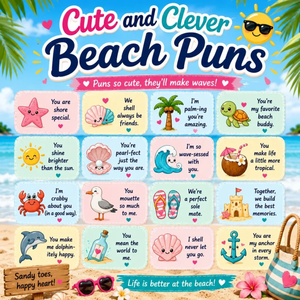 Cute and clever beach puns infographic with adorable ocean icons, tropical scenery, and sweet summer wordplay
