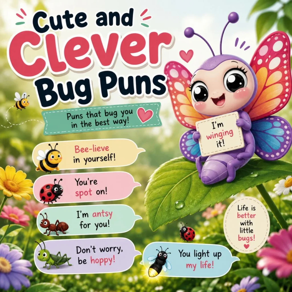 Cute butterfly and colorful insects with clever bug puns in a cheerful garden illustration