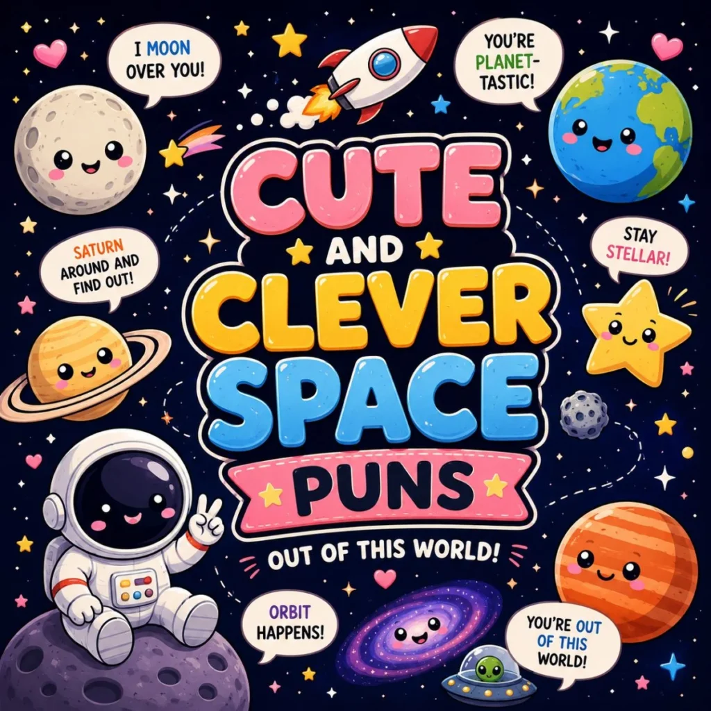Cute and clever space puns poster with astronaut, smiling planets, rocket, and adorable cosmic illustrations