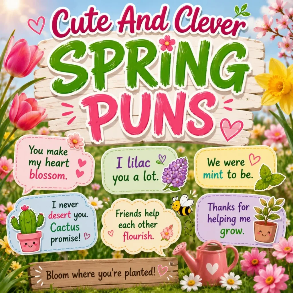 Cute and clever spring puns graphic with flowers, hearts, friendship quotes, and colorful typography.