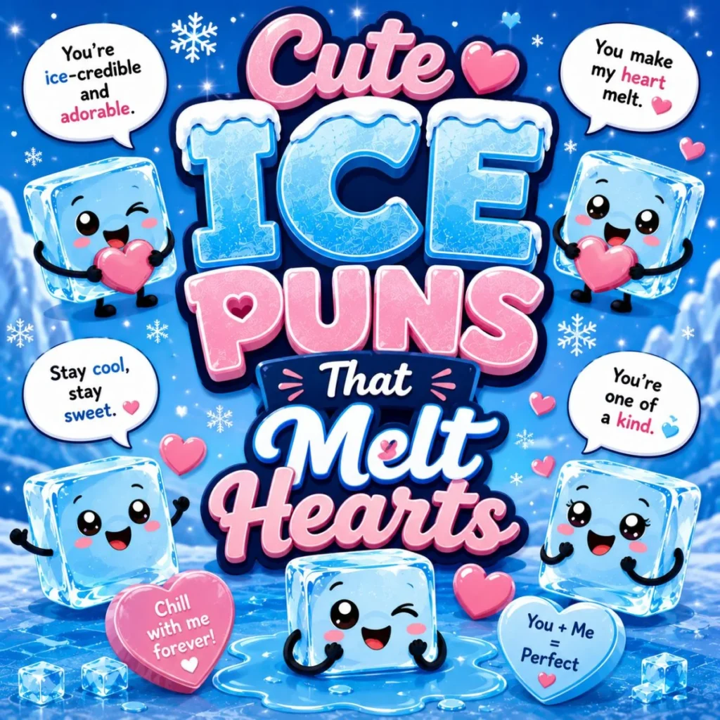 Cute cartoon ice cubes holding hearts with sweet ice puns on a snowy blue background for love and friendship.