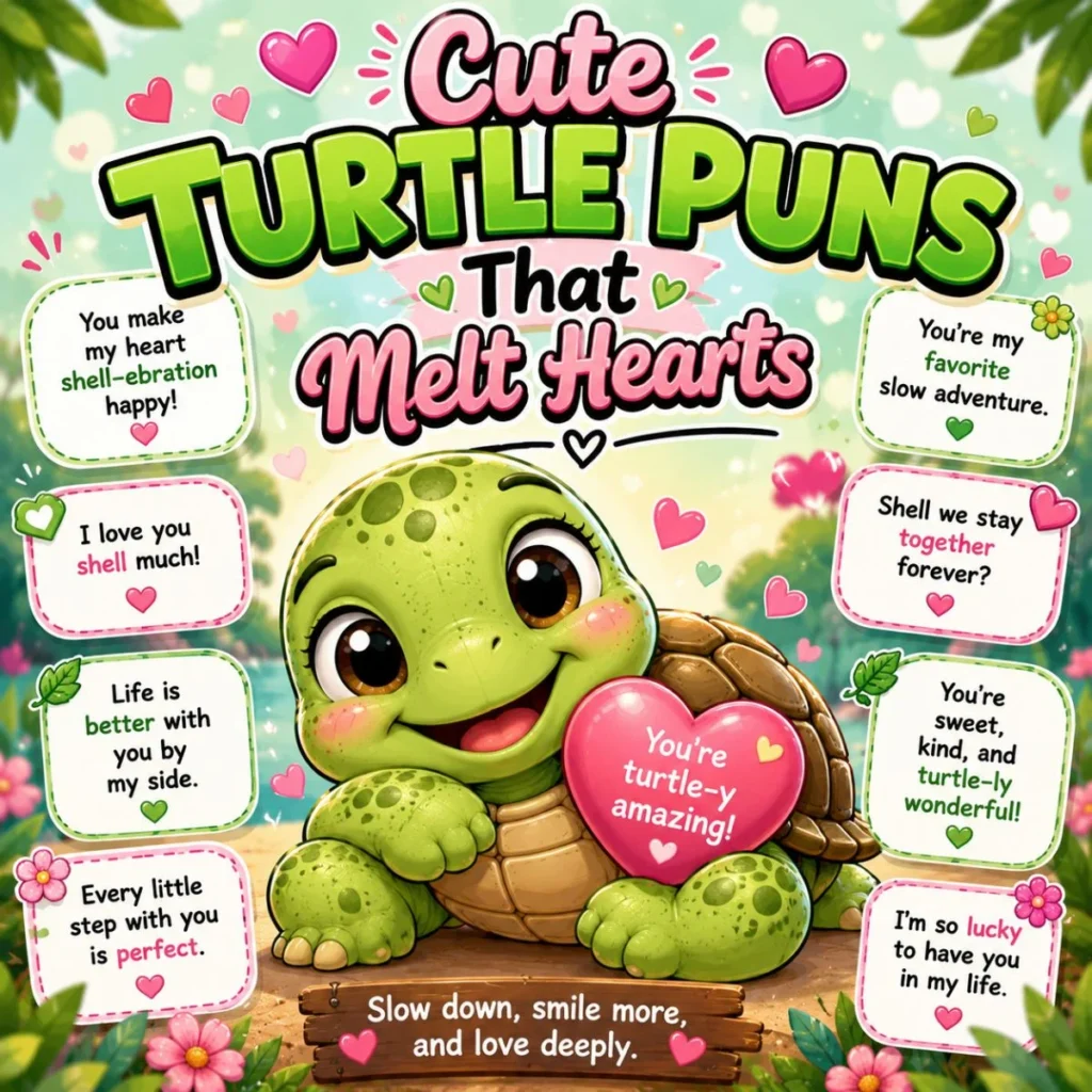 Cute turtle puns with an adorable cartoon turtle holding a heart, featuring sweet shell-themed love quotes and wordplay