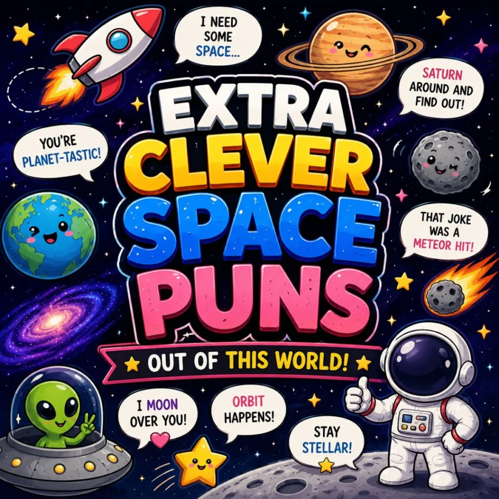 Colorful Extra Clever Space Puns poster with astronaut, alien, planets, and funny cosmic wordplay