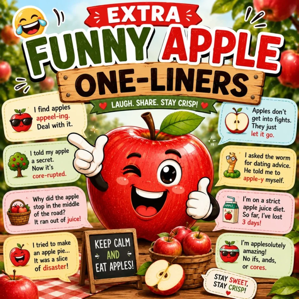 Extra funny apple one-liners graphic with cartoon apple and humorous apple-themed jokes