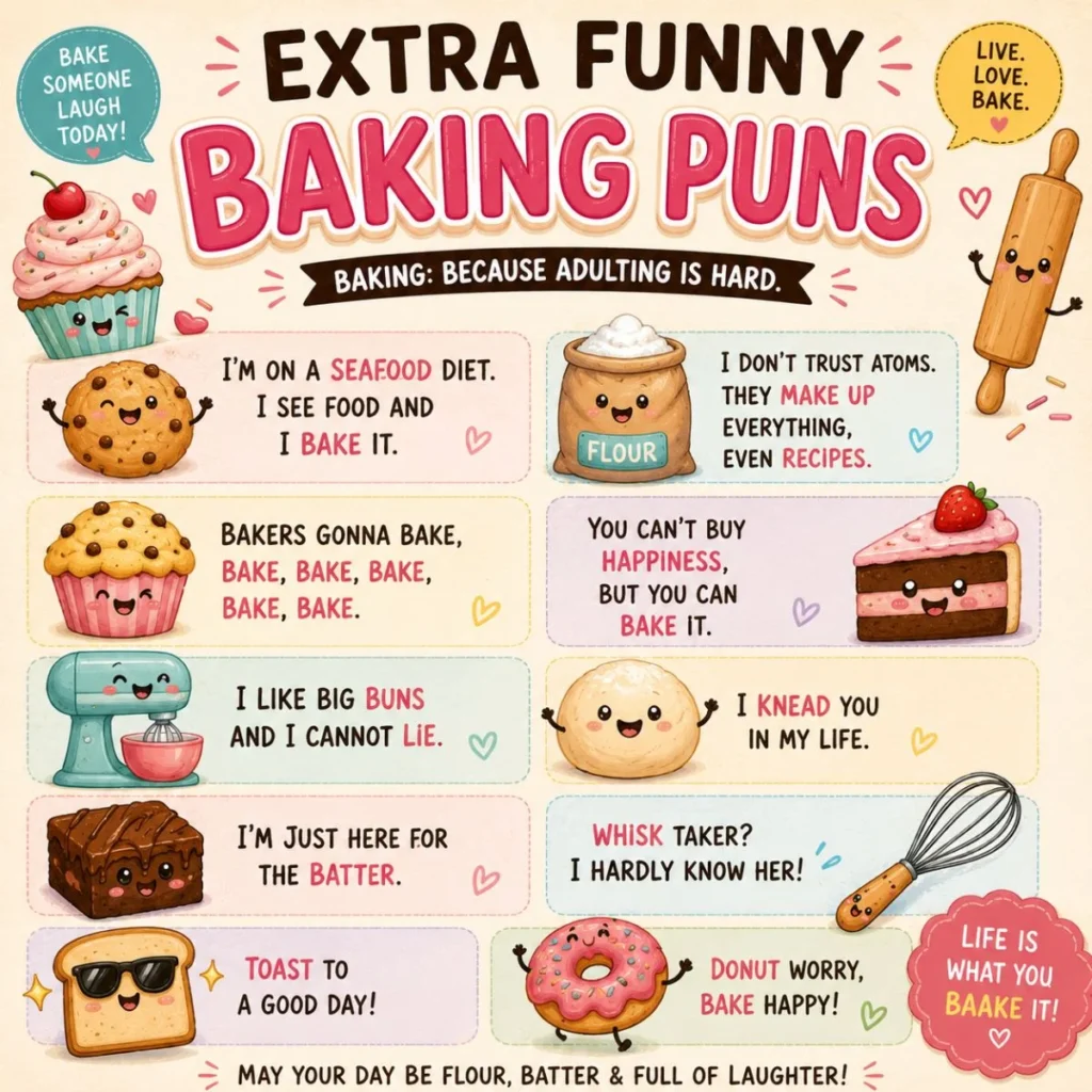 Extra funny baking puns infographic with cute cupcakes, cookies, donuts, bread, cake, and baking tools.