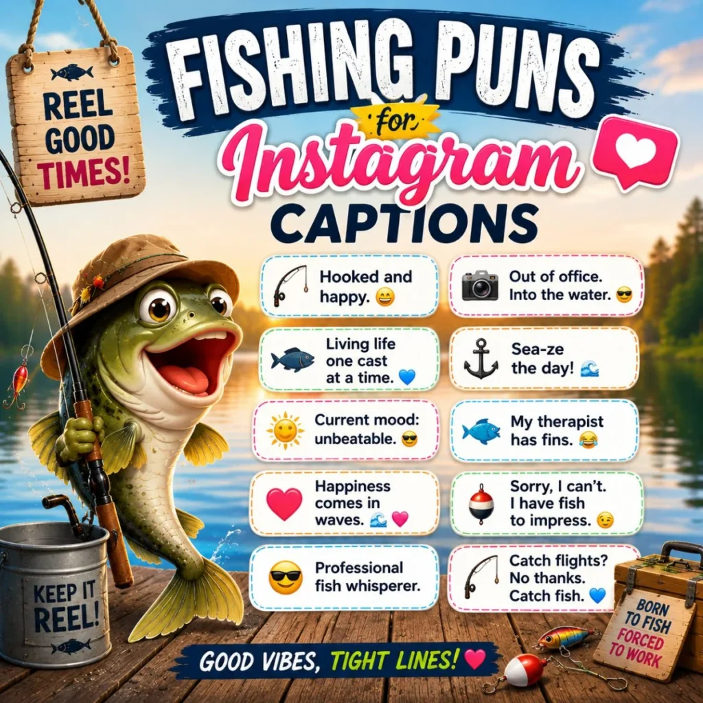 Fishing puns for Instagram captions graphic with a cartoon fish, fishing rod, and funny social media caption ideas.