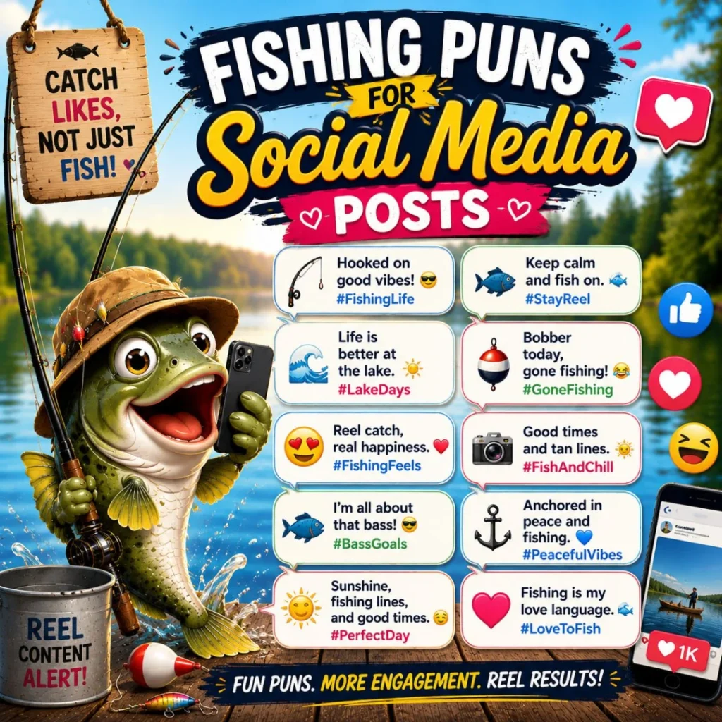 Fishing puns for social media posts graphic with a cartoon fish, smartphone, and funny caption ideas.