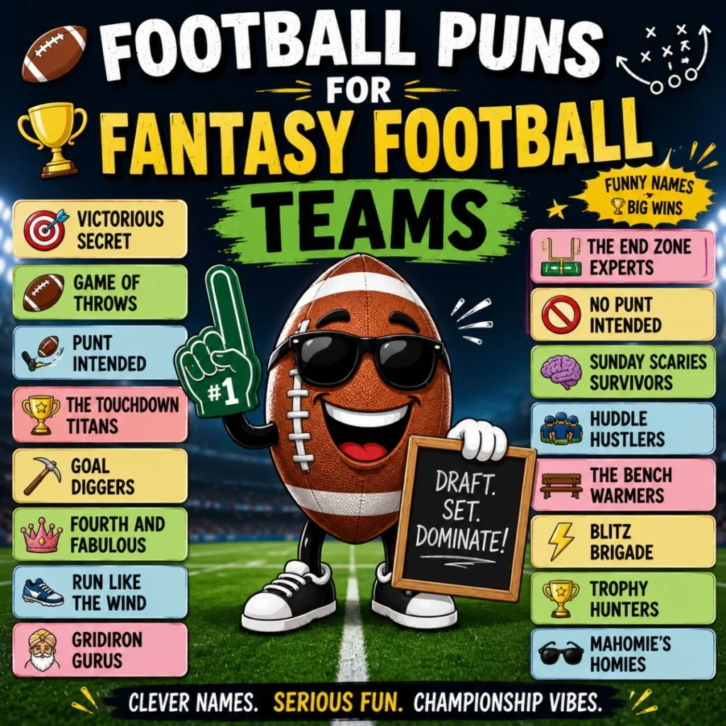 Fantasy football team name puns image with a cartoon football mascot and funny team name ideas